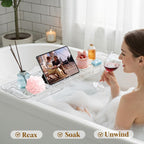 Expandable Clear Acrylic Bathtub Tray Caddy, Foldable Tub Bath Tray with Drain Slots, Slip-Resistant Waterproof Bathroom Organizer & Home Spa Gift for Women