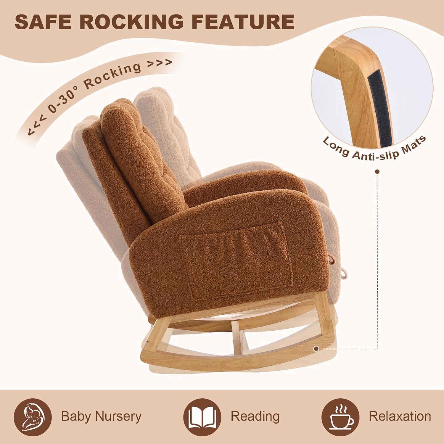 Nursery Rocking Chair,Rubber Wood Base Glider Rocking Chair with Adjustable Footrest and Side Pocket,Teddy Fleece Glider Rocker for Living Room, Bedroom (Teddy Fleece, Caramel)