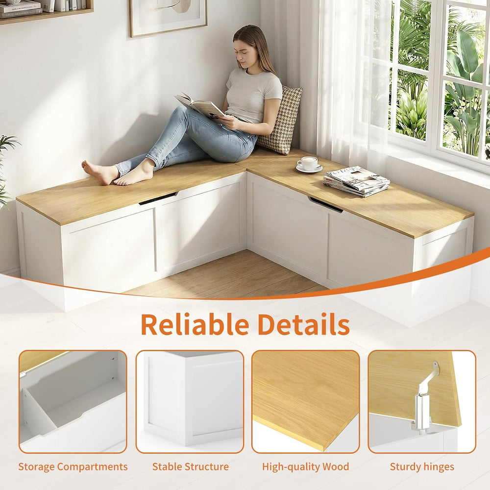 Zevemomo 63" L Shaped Storage Bench, White Breakfast Nook Benches, Corne...