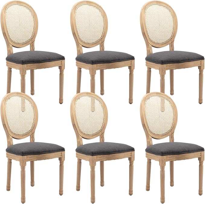 French Country Dining Chairs Set of 6,Farmhouse Upholstered Dining Room Chairs with Round Back and Solid Leg,Rattan Kitchen Chairs for Kitchen/Bedroom/Dining Room,Gray