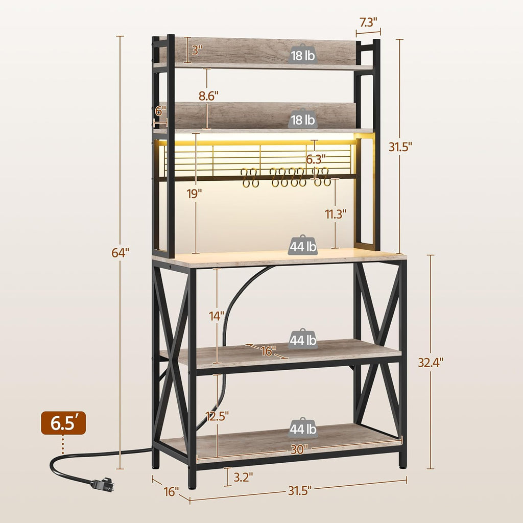 Yaheetech Kitchen Bakers Rack with Power Outlet & LED Lights, 5 Tiers Coffee Bar Table with 8 S Hooks, 64 Inches Tall Microwave Oven Stand with Storage for Spices, Pots, Gray