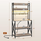 Yaheetech Kitchen Bakers Rack with Power Outlet & LED Lights, 5 Tiers Coffee Bar Table with 8 S Hooks, 64 Inches Tall Microwave Oven Stand with Storage for Spices, Pots, Gray