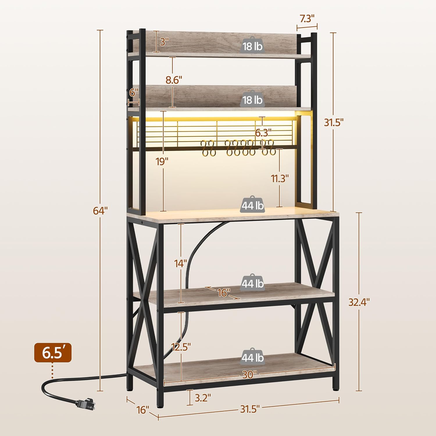 Yaheetech Kitchen Bakers Rack with Power Outlet & LED Lights, 5 Tiers Coffee Bar Table with 8 S Hooks, 64 Inches Tall Microwave Oven Stand with Storage for Spices, Pots, Gray