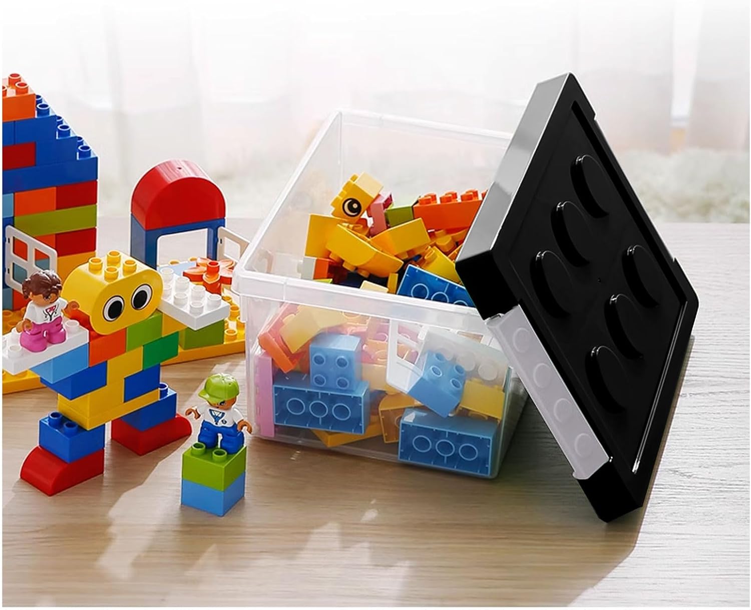 loobuu Plastic Storage Bins with Lids - Stackable Toy Storage Organizer Box Set of 2, Toy Chests with Compatible Building Baseplate and Lid, Storage Container for Building Bricks & Toys- Black