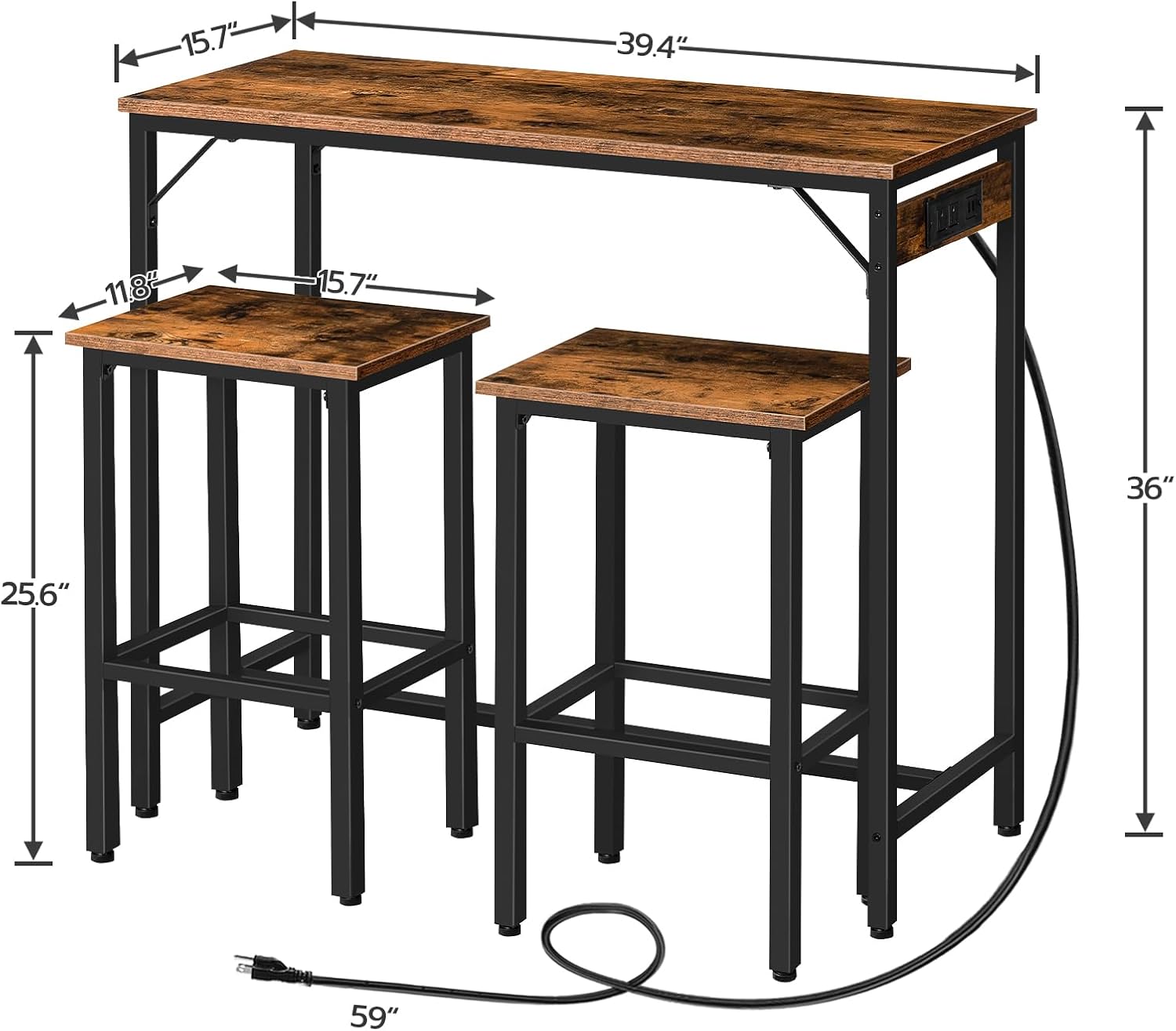 HOOBRO Bar Table and Chairs Set, 39.4" Dining Table Set with Power Outlet, 3-Piece Pub Table Set, Kitchen Bar Height Table with Stools of 2, Space Saving for Living Room, Rustic Brown BF45UBT01