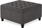 Upholstered Linen Storage Ottoman Bench with Wooden Legs,Button Tufted Coffee Table W/Nail Trims,for Living Room,Bedroom,Entryway,Easy to Assemble,Dark Gray
