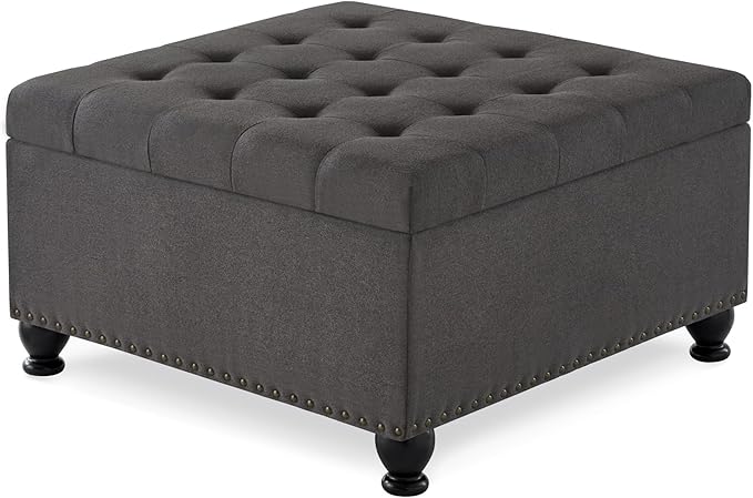 Upholstered Linen Storage Ottoman Bench with Wooden Legs,Button Tufted Coffee Table W/Nail Trims,for Living Room,Bedroom,Entryway,Easy to Assemble,Dark Gray