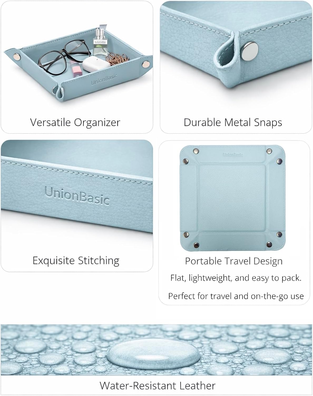UnionBasic Small Jewelry Tray for Rings Watches Earrings, Entryway Catchall Caddy for Coins Keys Change, Nightstand Bedside Valet Holder, Trays for Electronic Gadgets, Lychee Pale Blue
