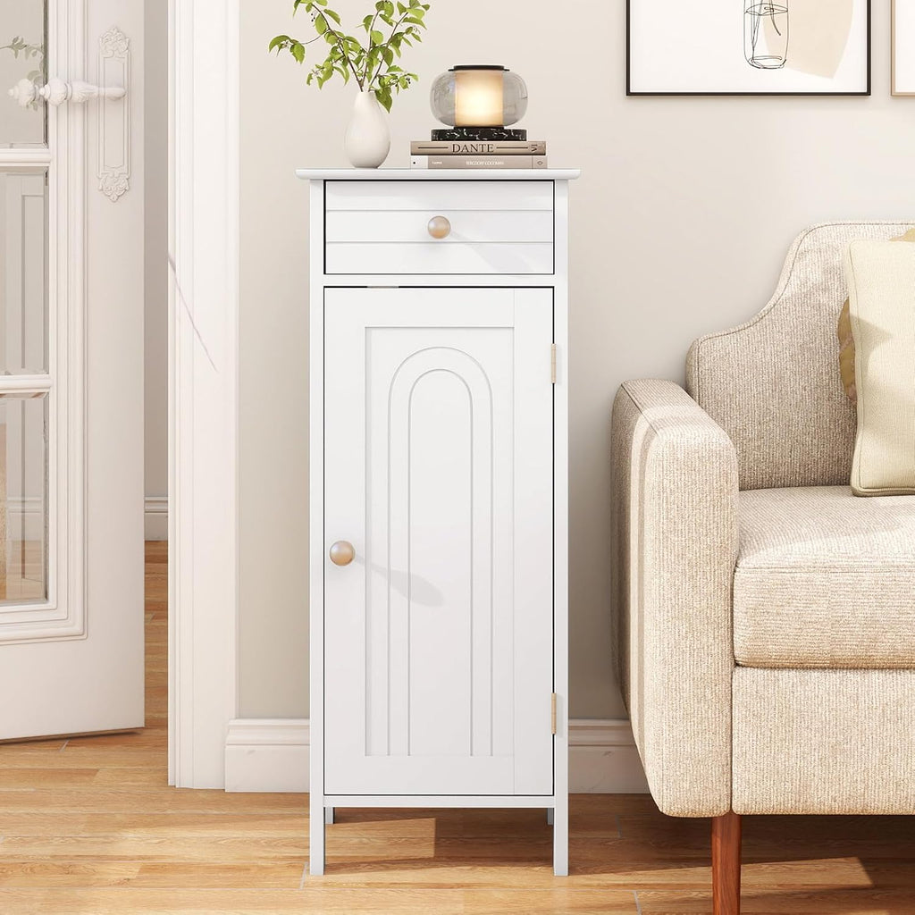 Giantex 34.5" Bathroom Cabinet with Drawer & Single Door (White) | Narrow Side Storage Organizer with 6 Shelf Positions, Freestanding Floor Storage Cabinet for Bathroom, Living Room, Entryway