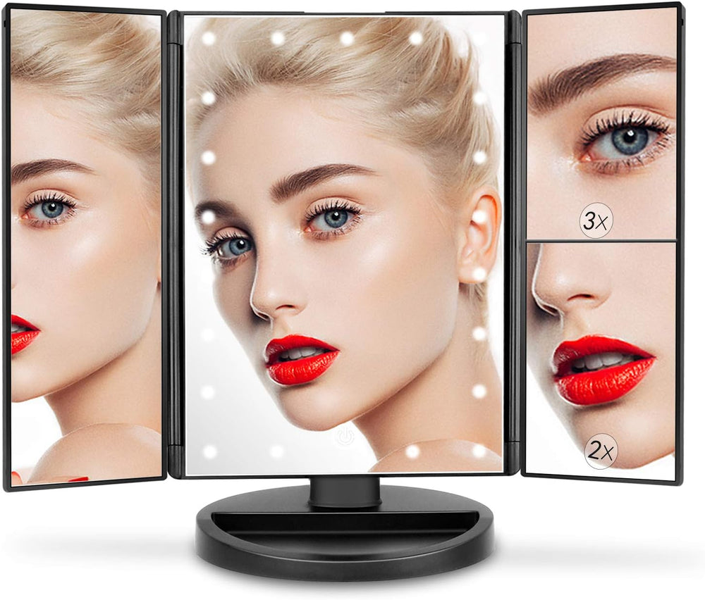 deweisn Tabletop Mount Trifold Lighted Vanity Mirror with 21 LED Lights, Touc...