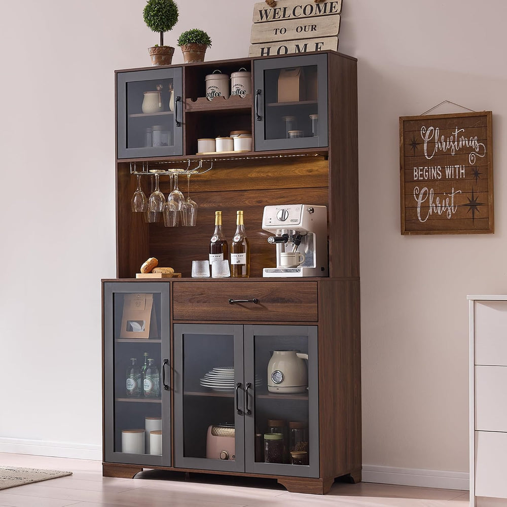 Fatmok 71" Tall Pantry Cabinet with Glass Doors, Kitchen Hutch Storage C...