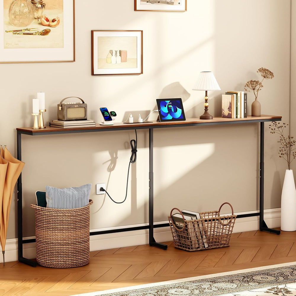 Slim Console Table with Outlet & Height Adjustable, 66'' Behind S...