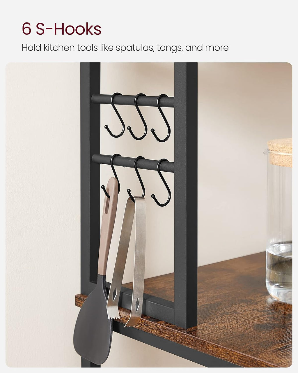 VASAGLE Coffee Bar, 31.5 Inches Baker's Rack for Kitchen with Storage, 6-Tier Kitchen Shelves with 6 Hooks, Microwave Stand, Industrial, Rustic Brown and Ink Black UKKS019B01