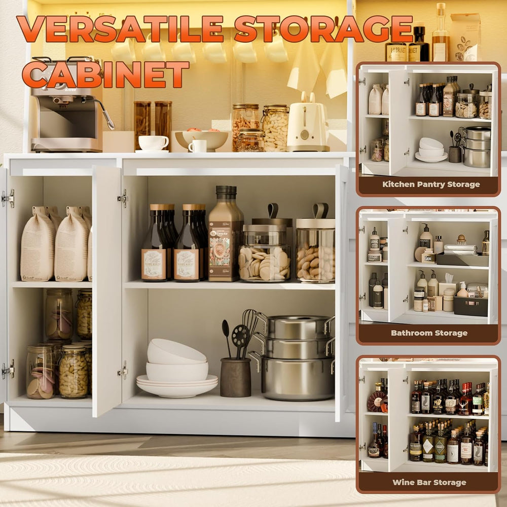 Gyfimoie Farmhouse Kitchen Pantry Cabinet with Power Outlet & LED Light, ...