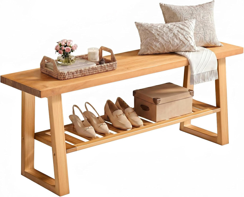 Amada 43 Inch Solid Pine Wood Bench, Entryway Bench with Shoe Storage Shelf, ...