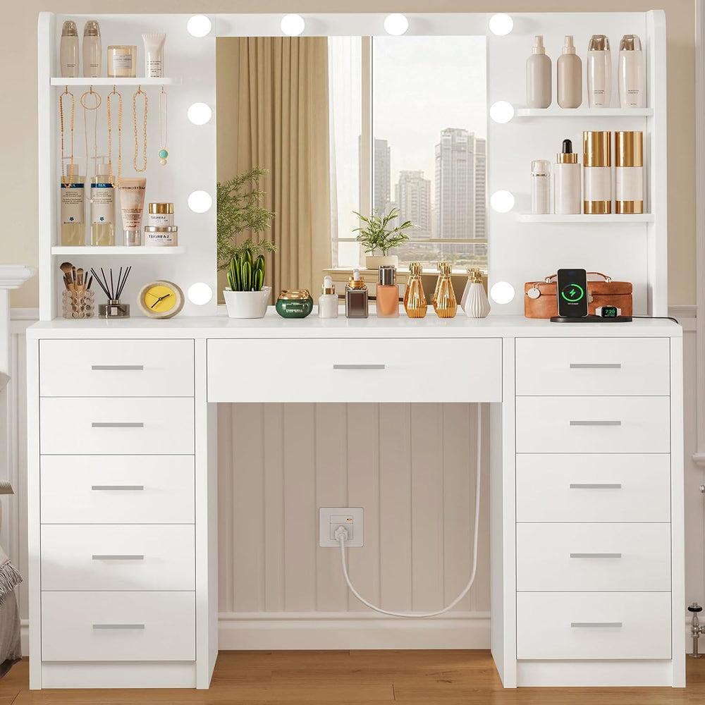 Quimoo Large Vanity Desk with Mirror and Lights, Makeup Vanity with 11 Drawer...