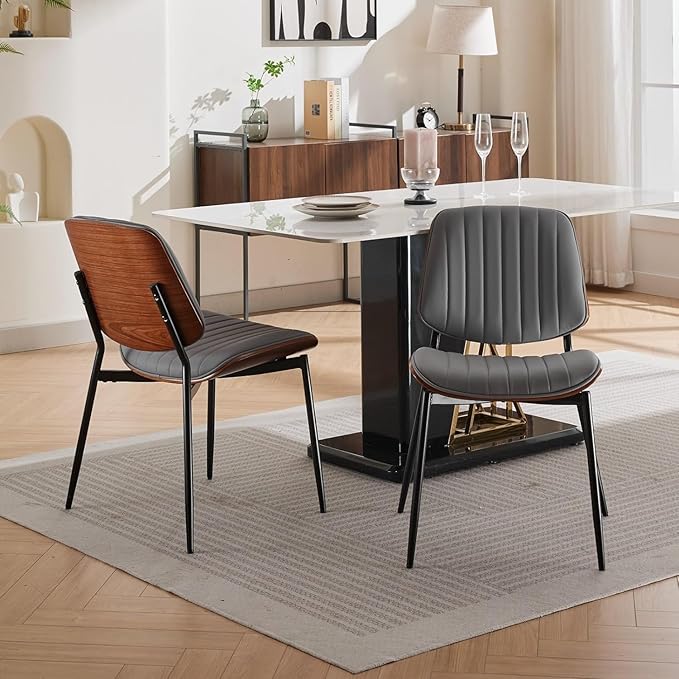Dining Chairs Set of 4, Mid-Century Modern Upholstered PU Leather Chairs with Walnut Bentwood Back and Metal Legs Adjustable Feet for Kitchen Dining Room, Gray Vertical Stripes