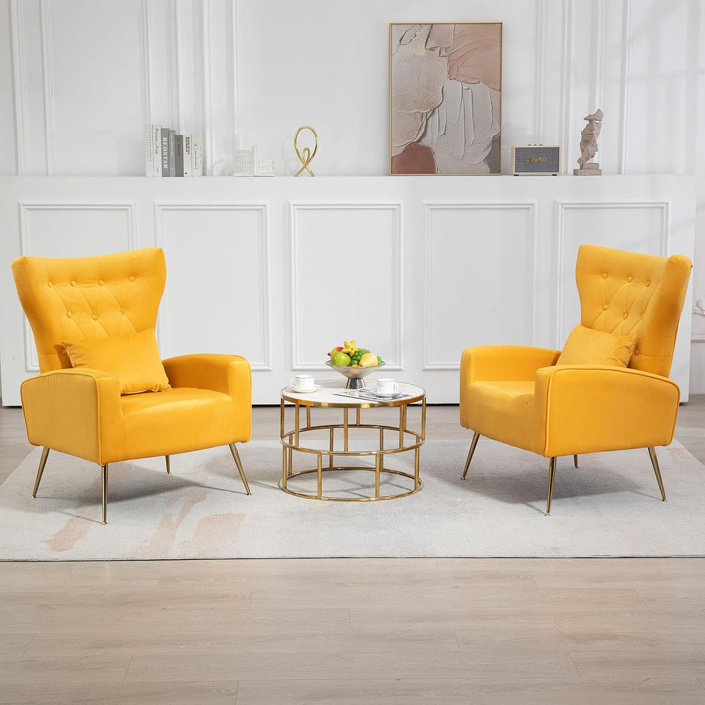 Button-Tufted Velvet Accent Chairs Set of 2, Mid Century Modern Living Room Chair with High Wingback, Upholstered Arm Chair with Metal Gold Legs for Bedroom, Club, Yellow