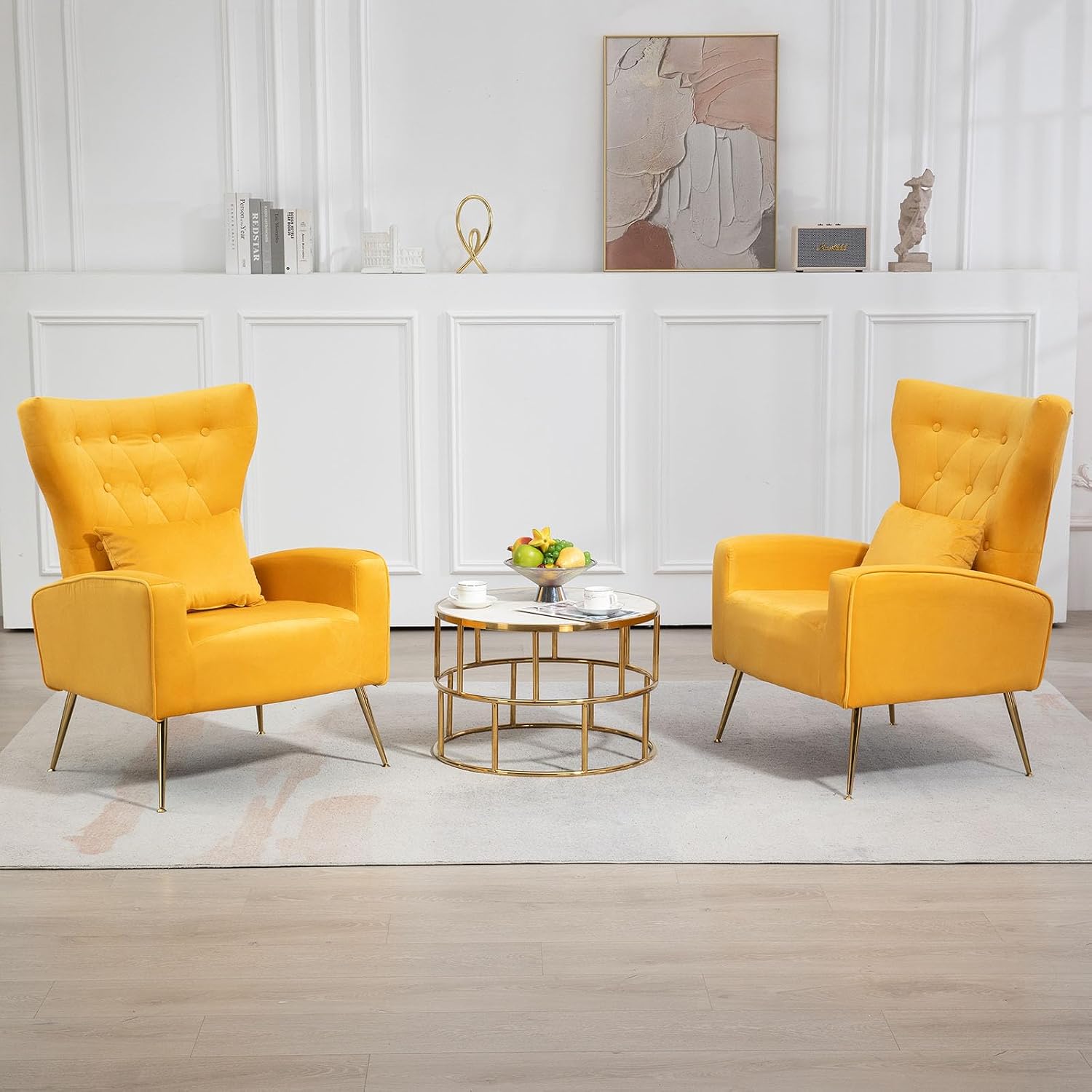 Button-Tufted Velvet Accent Chairs Set of 2, Mid Century Modern Living Room Chair with High Wingback, Upholstered Arm Chair with Metal Gold Legs for Bedroom, Club, Yellow
