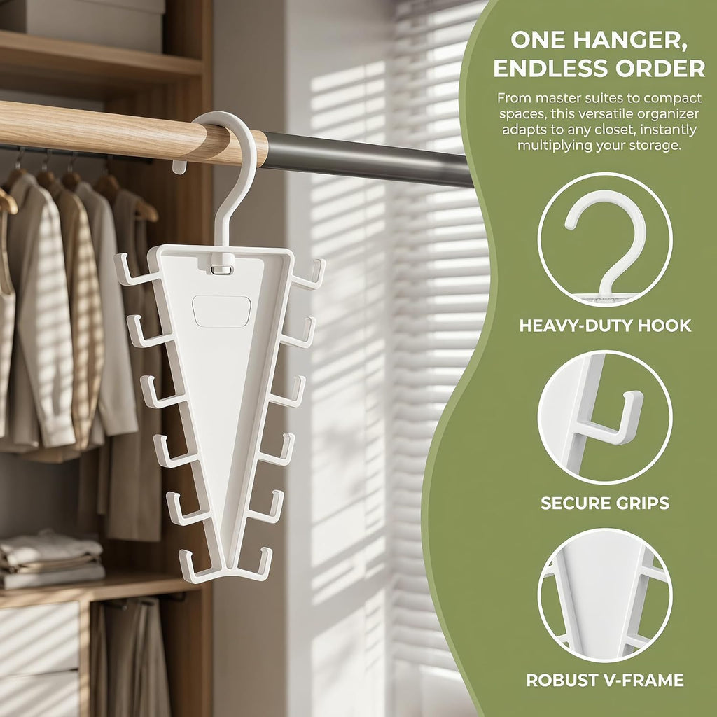 V-Shape 12-Hook Rotating Hanger, 360° Space Saving Closet Organizer, Multi-Functional Wardrobe Storage Rack for Clothes, Hats, Scarves, Ties - Durable ABS Home & Dorm Essentials (White, 2-Pack)