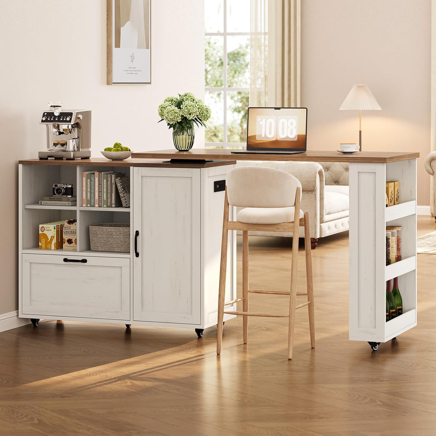 72" Rolling Kitchen Island with 360° Swivel Table & Power Outlet, Farmhouse Mobile Island Table with Storage Cabinet on Wheels, Wood Island Cart with Spice Rack for Kitchen,Dining Room,White