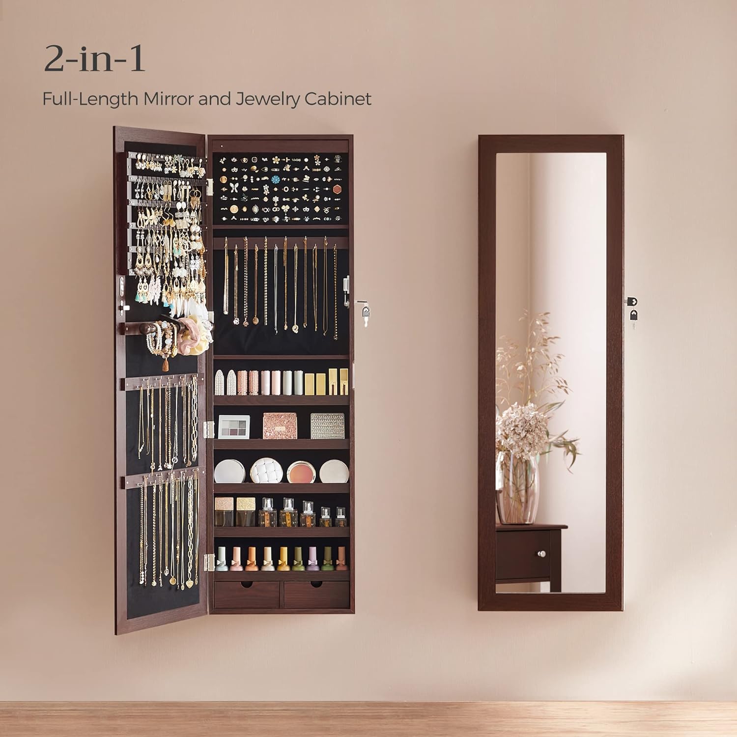 SONGMICS 6 LEDs Mirror Jewelry Cabinet, 47.2-Inch Tall Lockable Wall or Door Mounted Jewelry Armoire Organizer with Mirror, 2 Drawers, Christmas Gift, 3.9 x 14.6 x 47.2 Inches, Brown