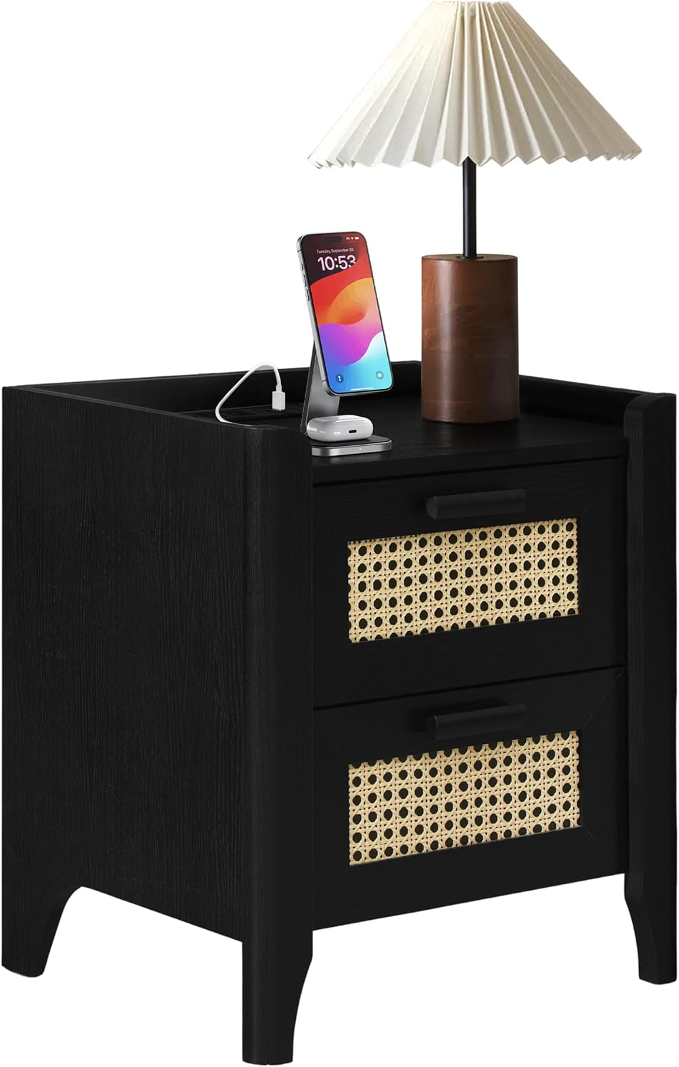 ELISA HOME Rattan-Inspired 2 Drawer Nightstand with Charging Station, Bedside...