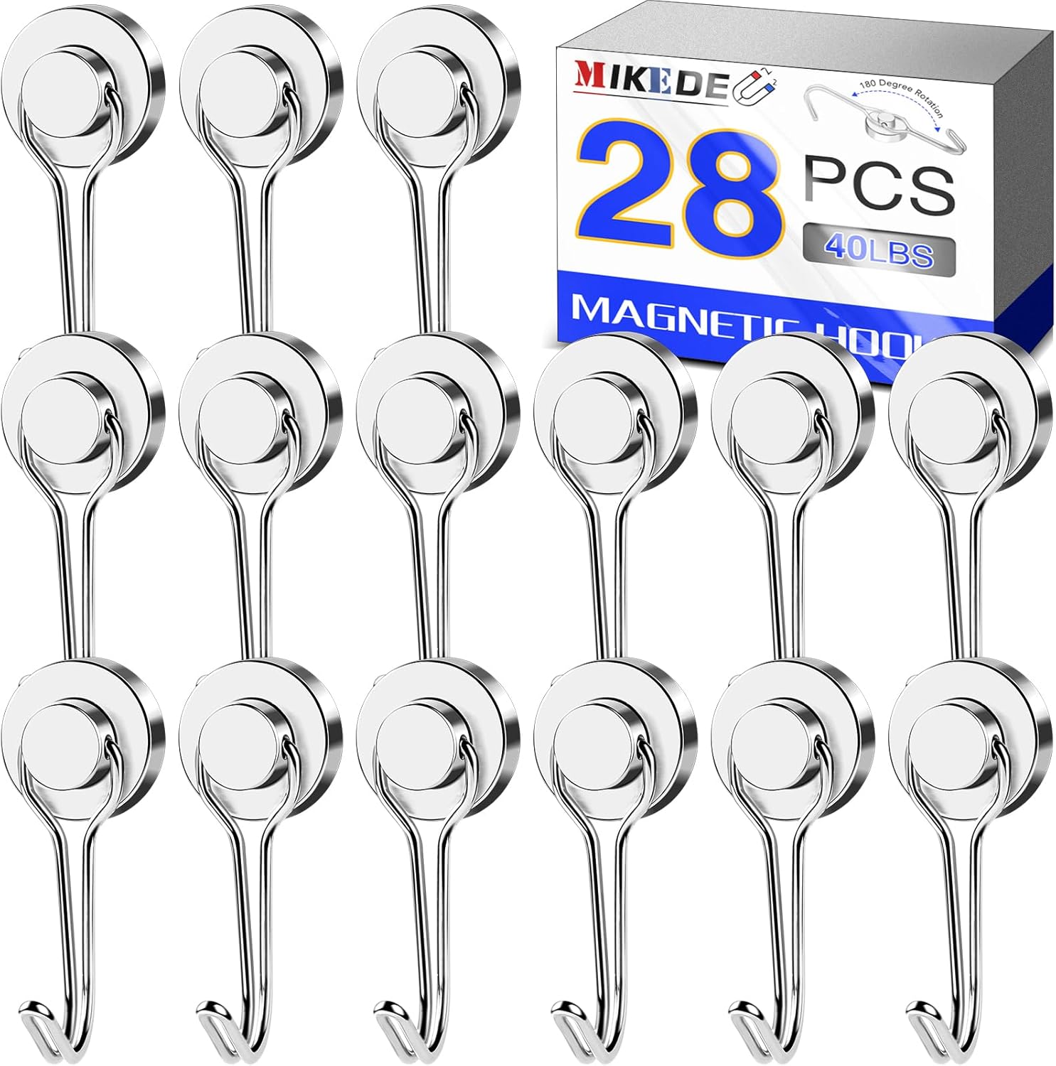 MIKEDE Magnetic Hooks, 40LBS Strong Neodymium Magnetic Hooks Heavy Duty, Swivel Swing Magnets with Hooks for Cruise, Hanging, Magnetic Refrigerator Hooks for Grill, Locker - 28 Pack