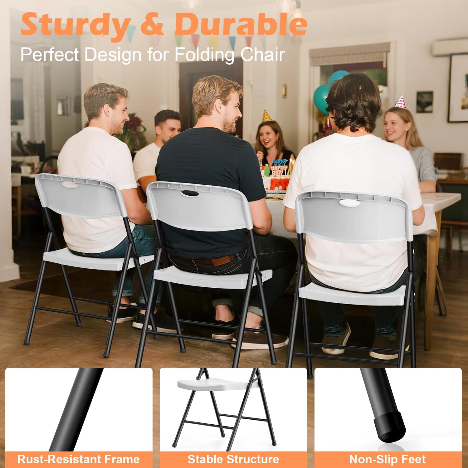 VTOY Heavy Duty Folding Chairs, 450 lbs Capacity Stackable Plastic Chairs, Durable & Comfortable for Indoor Outdoor, Wedding, Party, Patio, Office (White 2 Pack)