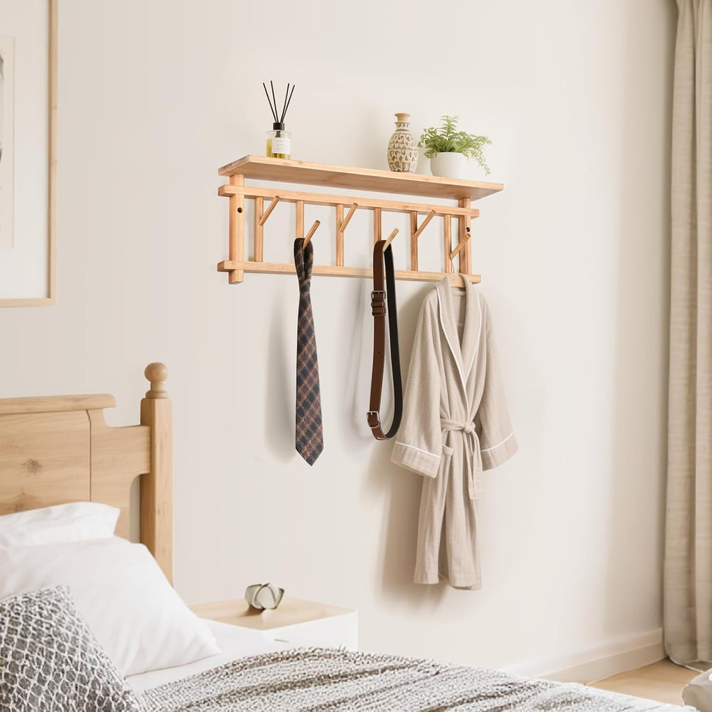 Coat Rack Wall-Mounted with Shelf Coat Hooks Wall Mount with Shelf Entryway Hanging Shelves with 6 Rotating Hooks for Hallway/Living Room/Bedroom/Kitchen (Bamboo)