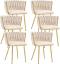 Kiztir Velvet Dining Chairs Set of 6 Upholstered Modern Dining Room Chairs with Woven Back and Gold Metal Legs for Living Room, Bedroom, Kitchen (Beige)