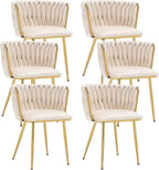 Kiztir Velvet Dining Chairs Set of 6 Upholstered Modern Dining Room Chairs with Woven Back and Gold Metal Legs for Living Room, Bedroom, Kitchen (Beige)