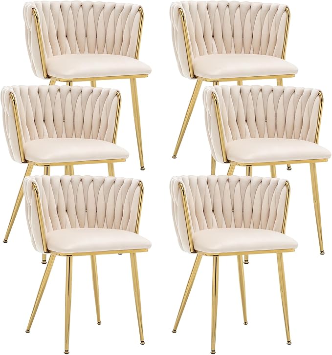 Kiztir Velvet Dining Chairs Set of 6 Upholstered Modern Dining Room Chairs with Woven Back and Gold Metal Legs for Living Room, Bedroom, Kitchen (Beige)