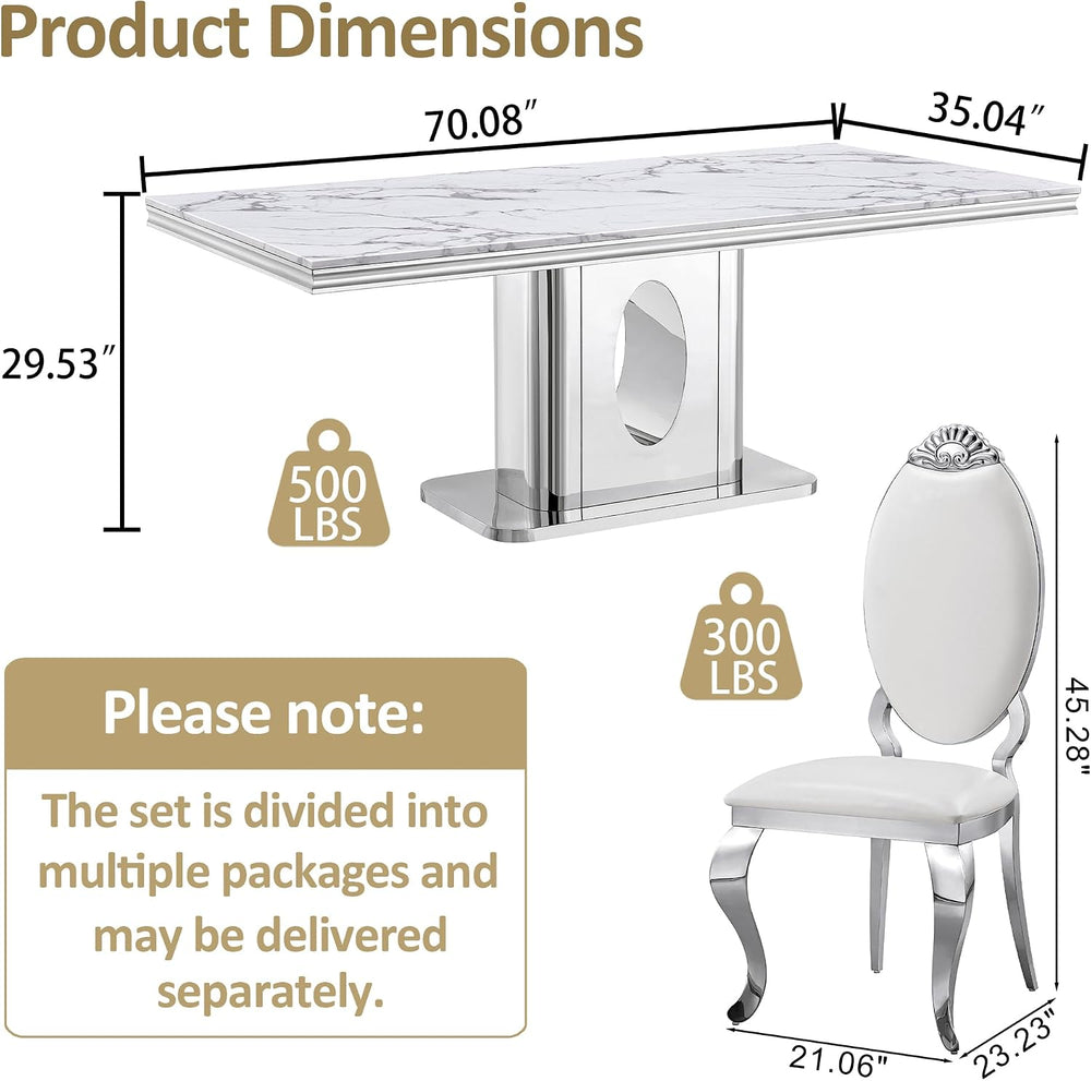 AF ARTISAN FURNITURE 7 Piece White Marble Dining Table, 70'' Rectangl...