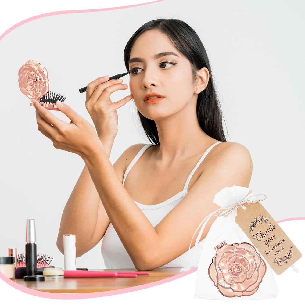 Teenyyou 50 Sets Rose Compact Mirrors Brush Bulk Quinceanera Party Favors