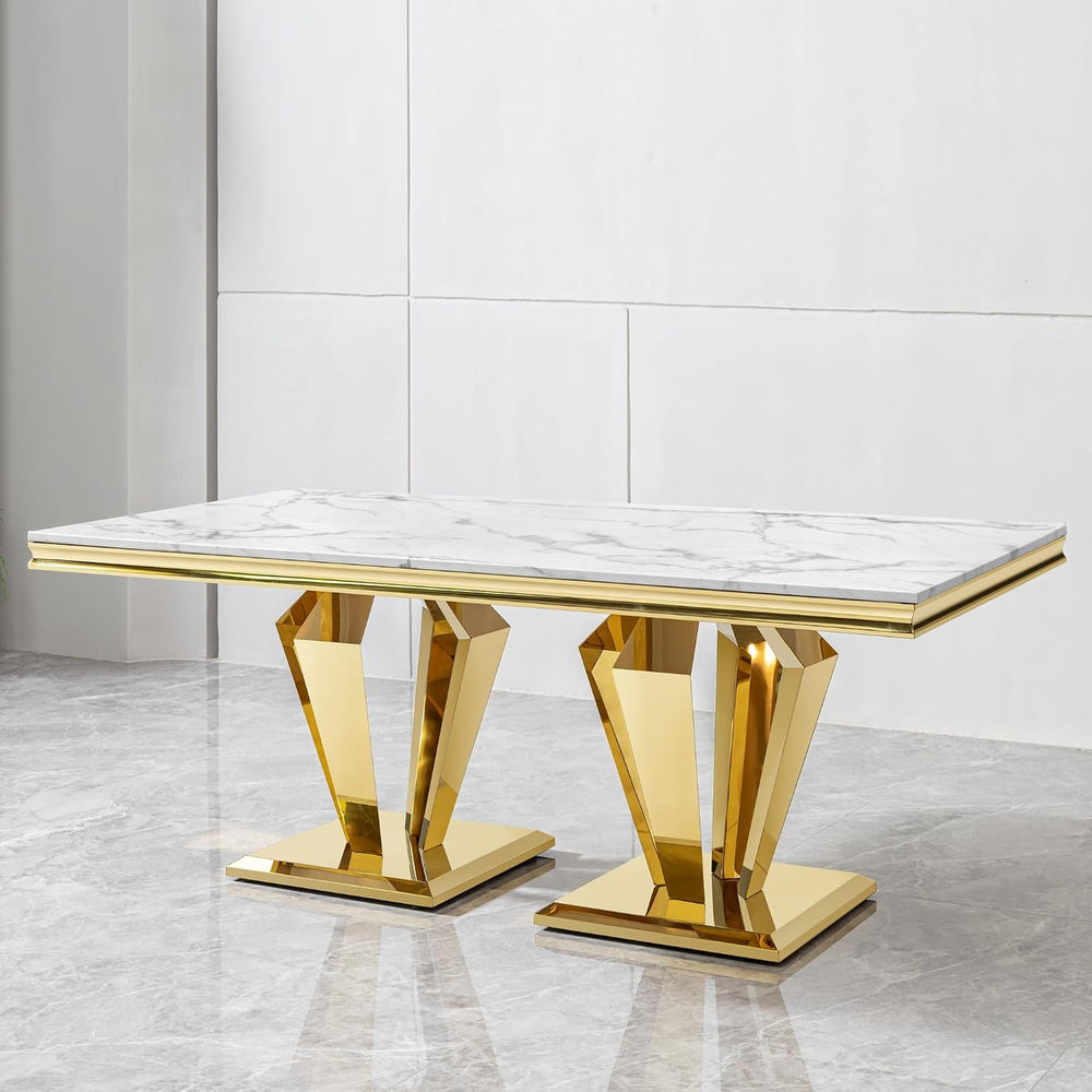 Modern Dining Table 66.9" Dining Room Table with Shiny Gold Stainless St...