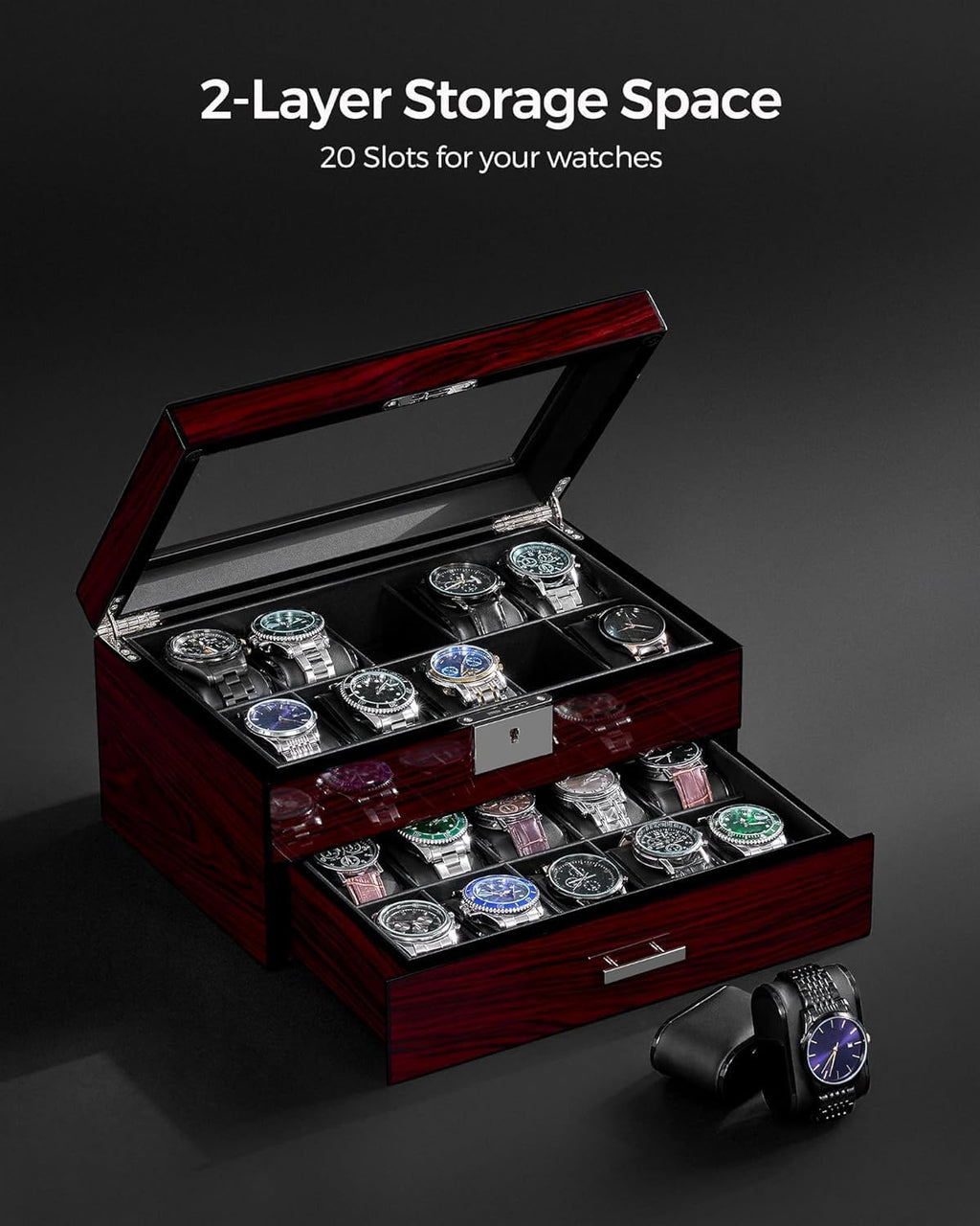 ANWBROAD Watch Box 20 Slot Watch Cases for Men with Large Glass Lid 2-Tier Watch Display Case Lockable Wooden Watch Organizer Elegant Watch Holder for Women UJWB002Y