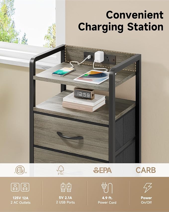 Night Stand Bedside Charger Bedroom - Grey Nightstand with Charging Station &...