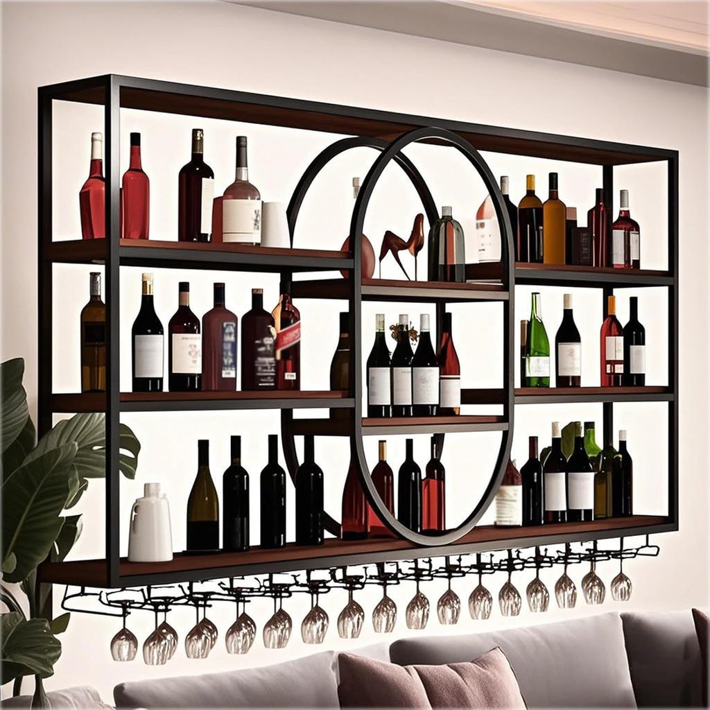 Large Wall Mount Wine Rack, Metal 4 Tier Large Capacity Hanging Bar Rack with Wine Glass Holder, Oval Wine Bottle Storage Display Rack for Kitchen, Living Room, Home (Black, 140cm/55.1in)
