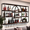 Large Wall Mount Wine Rack, Metal 4 Tier Large Capacity Hanging Bar Rack with Wine Glass Holder, Oval Wine Bottle Storage Display Rack for Kitchen, Living Room, Home (Black, 140cm/55.1in)