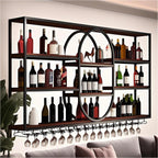Large Wall Mount Wine Rack, Metal 4 Tier Large Capacity Hanging Bar Rack with Wine Glass Holder, Oval Wine Bottle Storage Display Rack for Kitchen, Living Room, Home (Black, 140cm/55.1in)