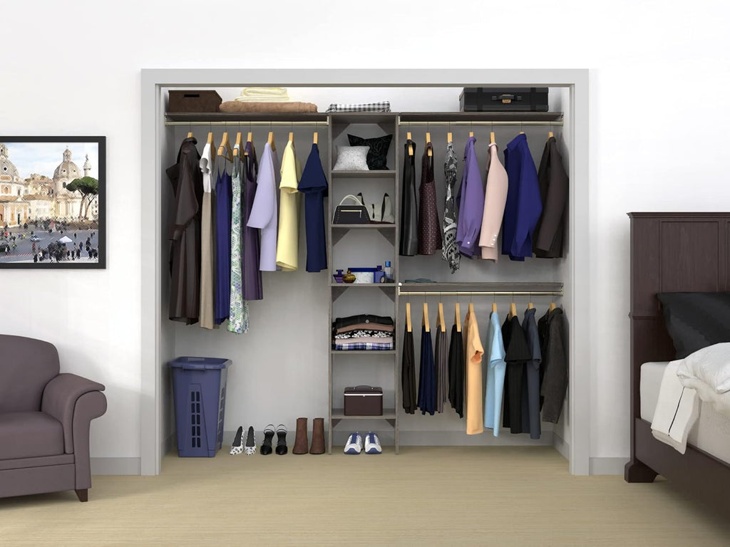 ClosetMaid SuiteSymphony Wood Closet Organizer Starter Kit with Tower and 3 Hang Rods, Shelves, Adjustable, Fits Spaces 4 – 9 ft. Wide, Graphite Grey