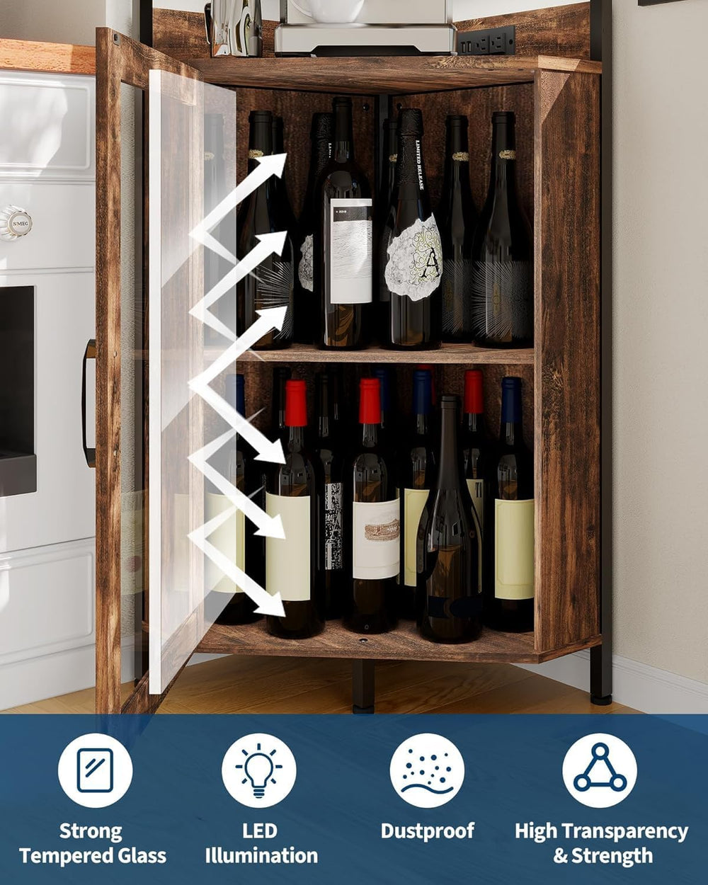 Garvee 68-Inch Corner Bar Cabinet with LED Lights and Outlet, Freestanding Wi...