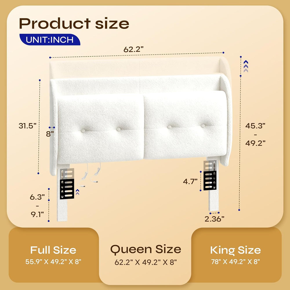 Pinmoco Queen LED Wingback Headboard with Storage & Charging, White