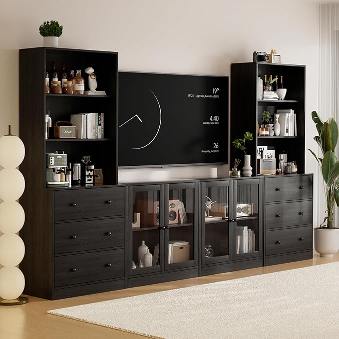 TUSY 71" Large TV Stand Set - TV Entertainment Center for TVs up to 65", Media Center with Tempered Glass Doors and Drawer, TV Hutch with Bookshelves for Living Room (Black, BDDB)