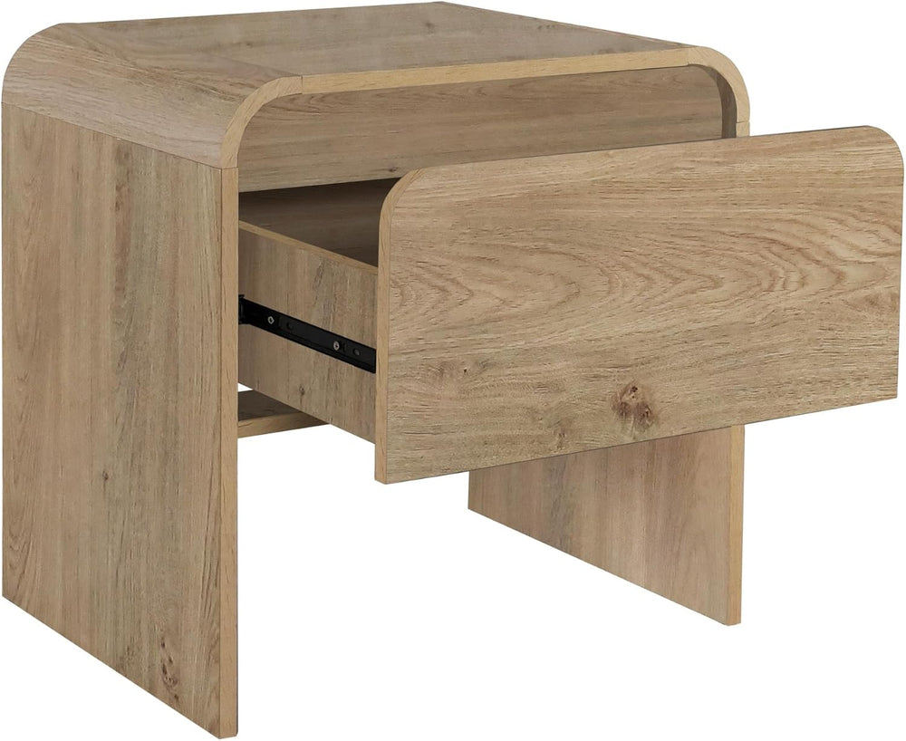 Benjara Maria Side End Table- Drawer and Waterfall Style- Beige Wood 22 Inch