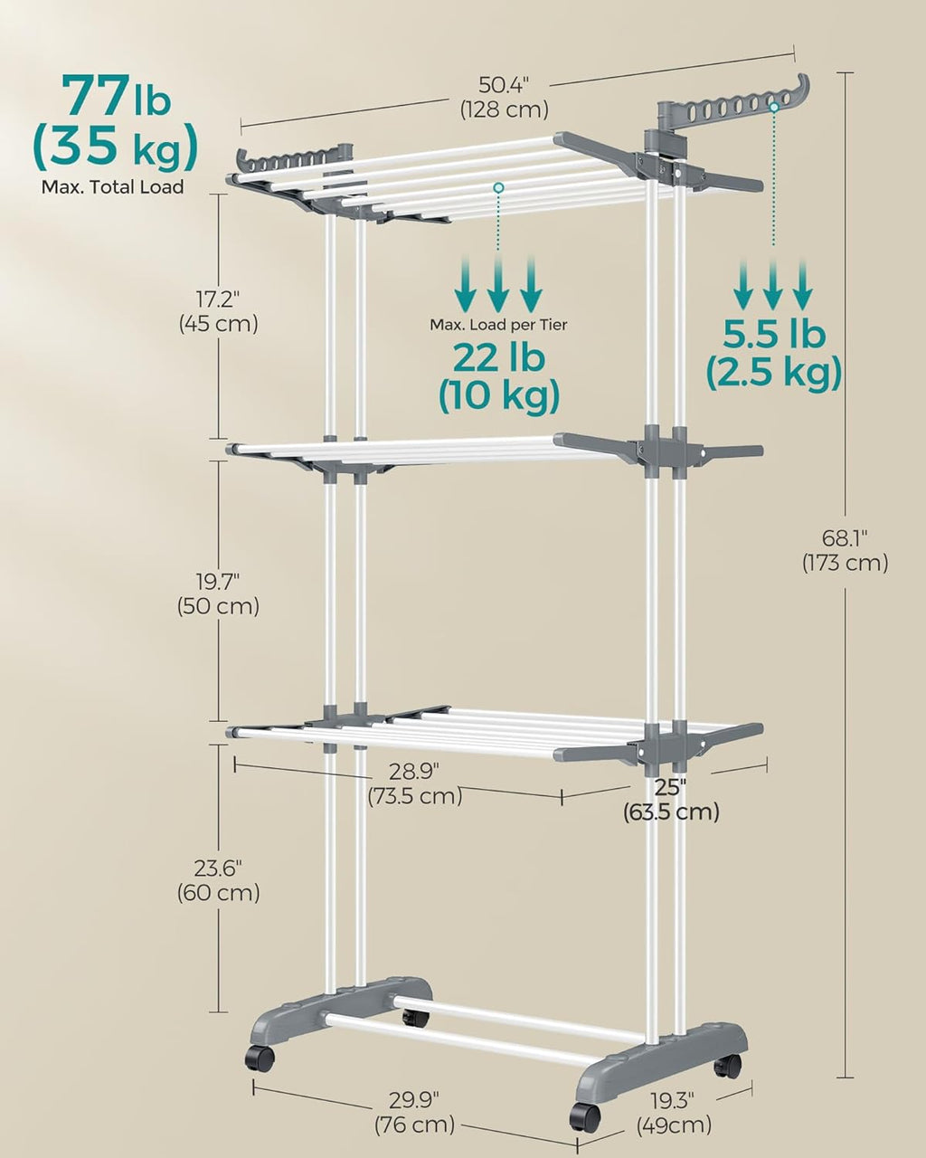 SONGMICS Clothes Drying Rack Stand 4-Tier, Foldable Laundry Drying Rack 68.1-Inch Tall, Steel, Rolling Clothes Horses Dryer Rack, Easy to Assemble, Indoor Outdoor Use, White ULLR701W01