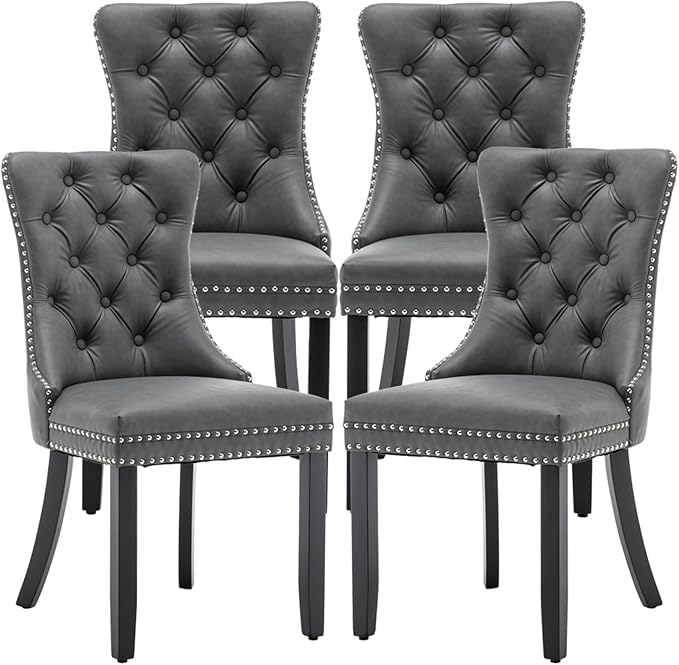 Leather Dining Chairs Set of 4, Upholstered Dining Room Chairs with Nailhead Trim, Sillas de Comedor Modernas 4, Wooden Kitchen Chairs for Dining Room, Living Room, Kitchen, Bedroom, Grey