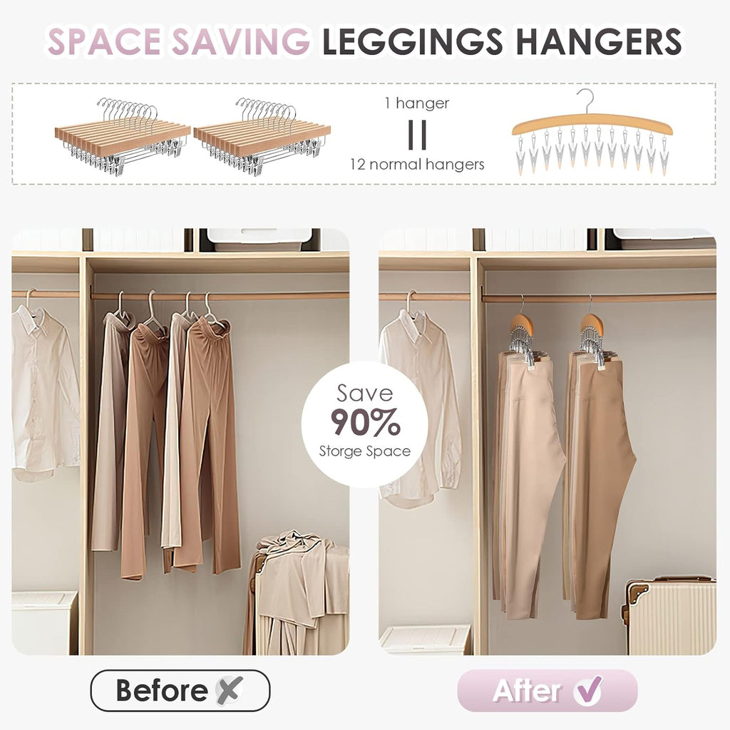 Leggings Hangers, Wooden Closet Hanging Leggings Storage Organizer Scarf Hangers with 24 Clips, 360° Swivel Hook, Burlywood, 2 Pcs