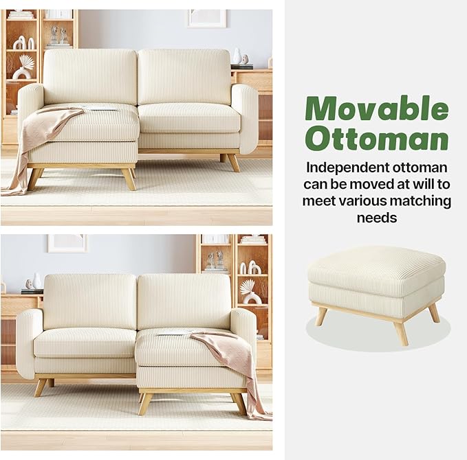 Vesgantti 68" Loveseat Sofa with Movable Ottoman, Comfy Corduroy Couch with Spring Cushion, Sofa Couch with Solid Wood, Modern Office Sofa with Deep Seat for Living Room and Bedroom, Beige